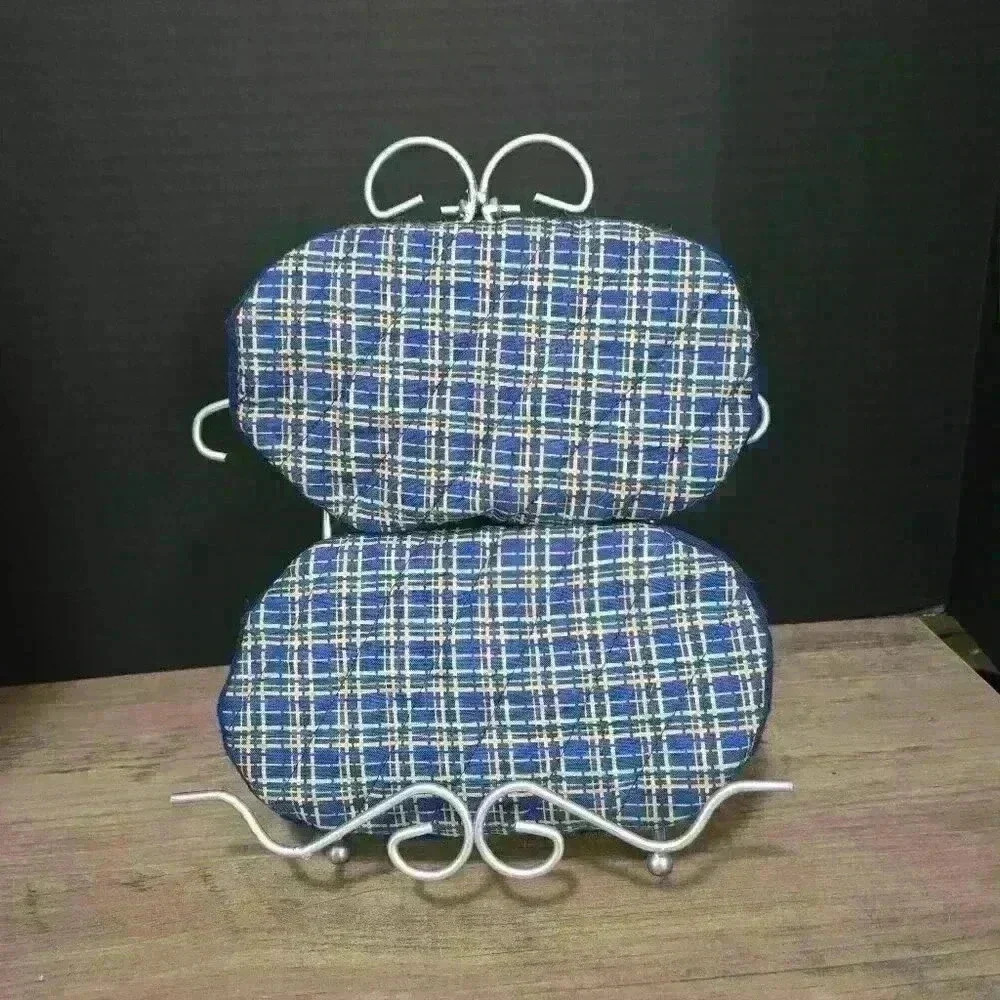 Handmade Microwave Mitts - Regular Size - Blue Plaid Front  Solid Back - Pair